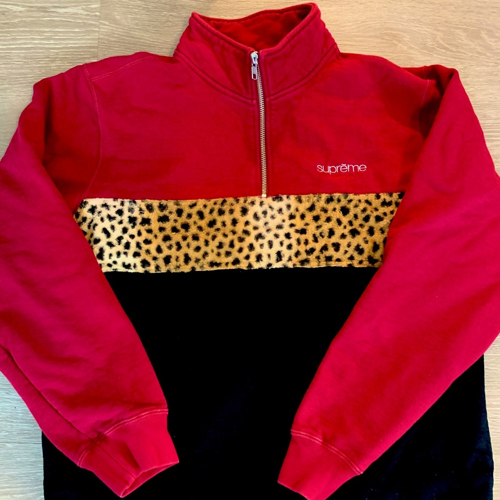 SUPREME Leopard Half Zip Sweatshirt (Cardinal)